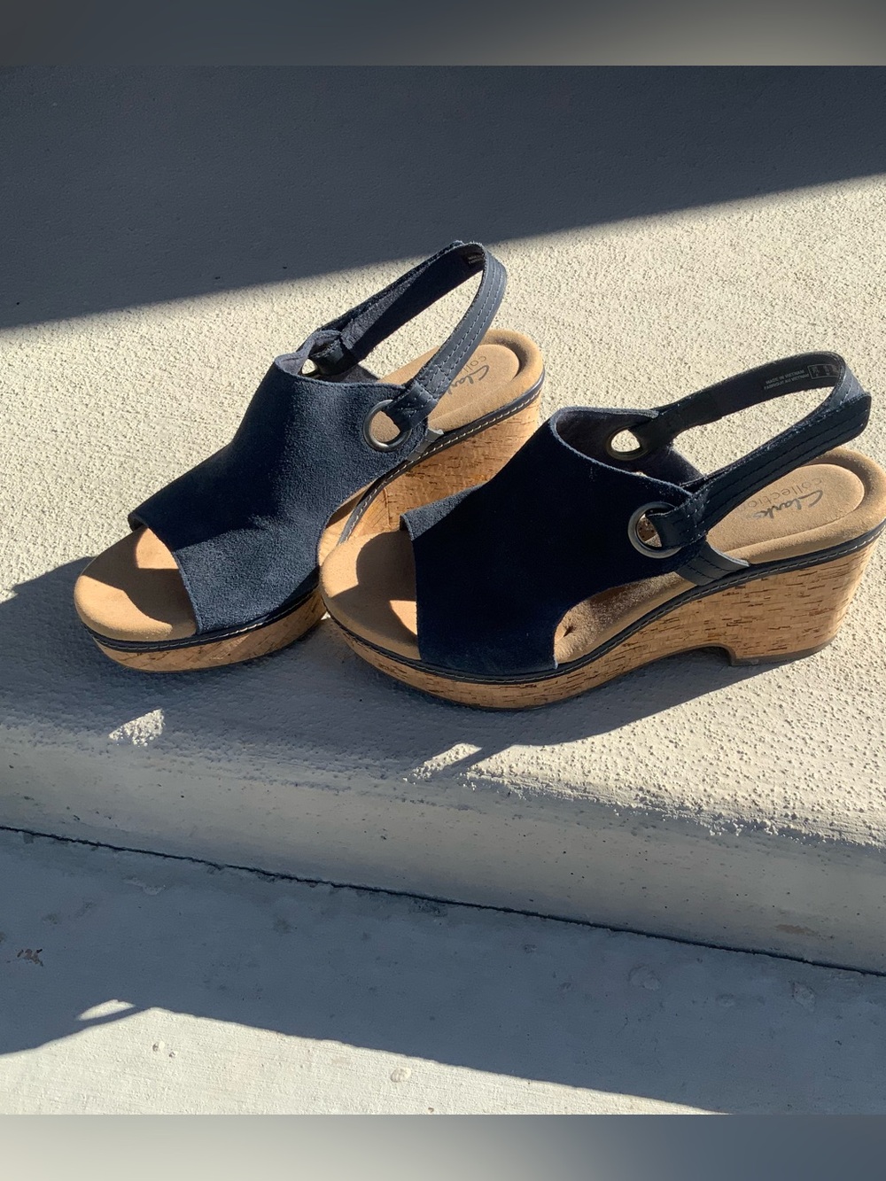 Clarks Navy Suede Cork-Platform Slingback Wedges